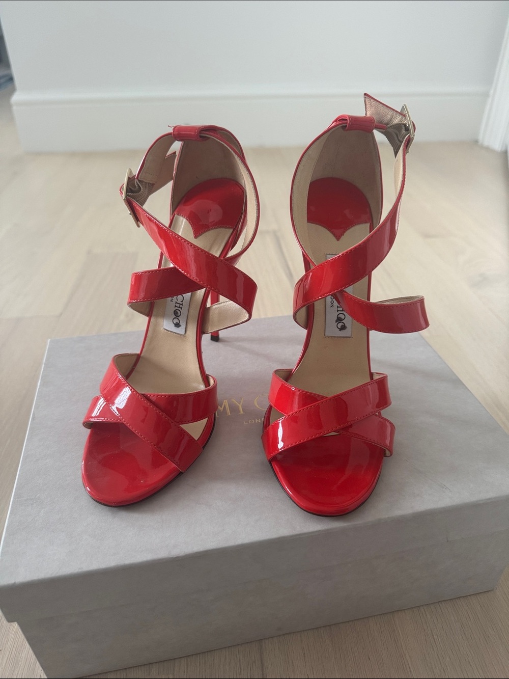 Jimmy Choo Red Patent Cross-Strap Sandals